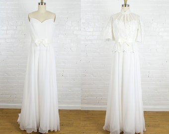 1980s white chiffon and lace sleeveless wedding dress with bolero jacket . vintage 2 pieces gown by Bianchi . small medium