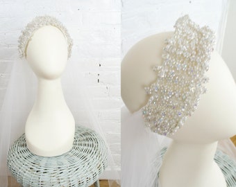 vintage tulle veil with pearl and crystal bridal crown . 1980s / 90s wedding headpiece
