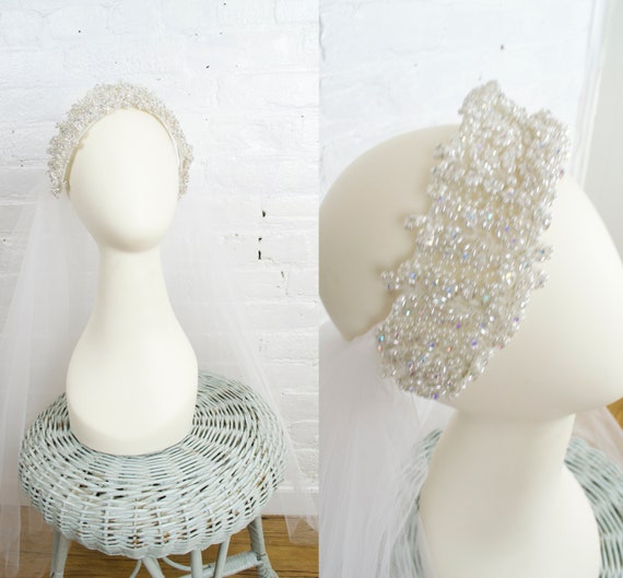 vintage tulle veil with pearl and crystal bridal … - image 1