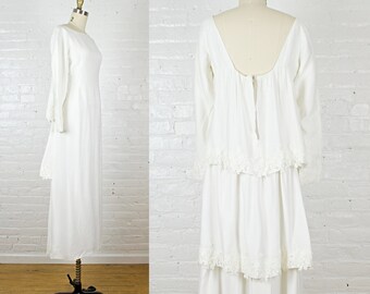 1960s Emma Domb wedding dress . 60s open back gown with long sleeves . small