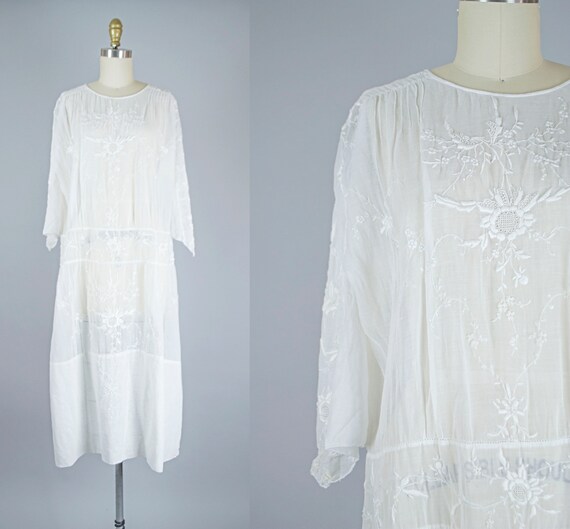 Edwardian tunic dress . 1920s antique white sheer