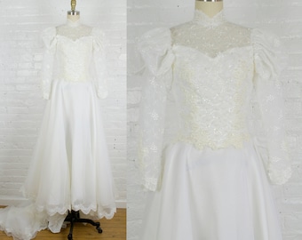 1980s Victorian style sequined lace wedding gown with puff sleeves and train . xsmall pettite