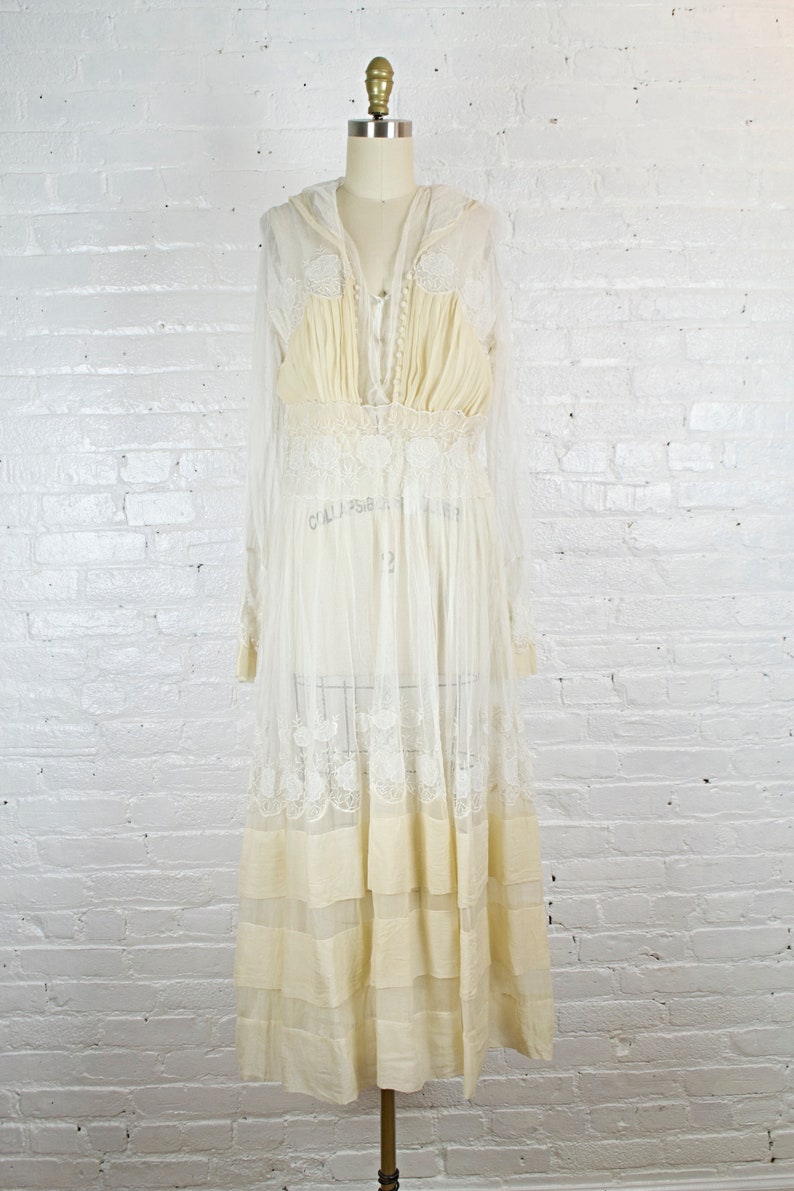 Abbey 1910 ecru silk embroidered wedding gown . vintage Edwardian dress . small image 2