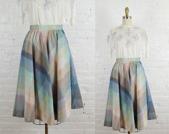 1970s watercolor blue midi plaid skirt . vintage 50s style skirt by Chequers . medium