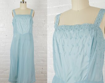 1950s nylon eyelet lace dress slip . vintage  powder blue 50s retro night gown . small