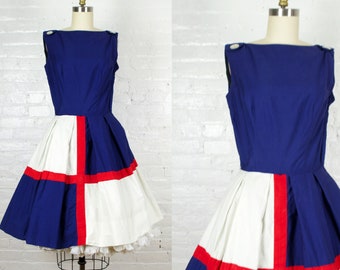 1960s blue red and white dress . 50s style cotton day dress  by Howard Wolf . x small