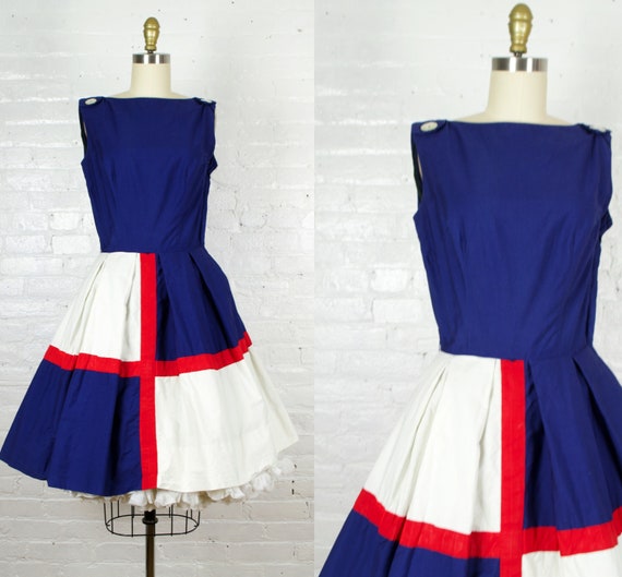 1960s blue red and white dress . 50s style cotton… - image 1