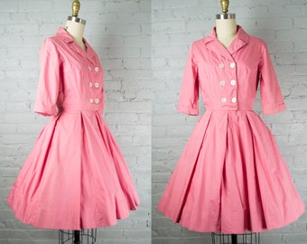 1950s Holly Hoelscher pink shirt dress . vintage 50s Calif shirtdress . rockabilly full skirt dress . small