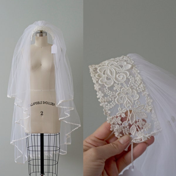 1970s vintage bridal cap with lace and tulle veil