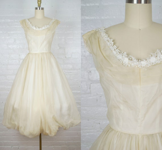 Emma Domb 1950s tea length silk chiffon ecru wedd… - image 1