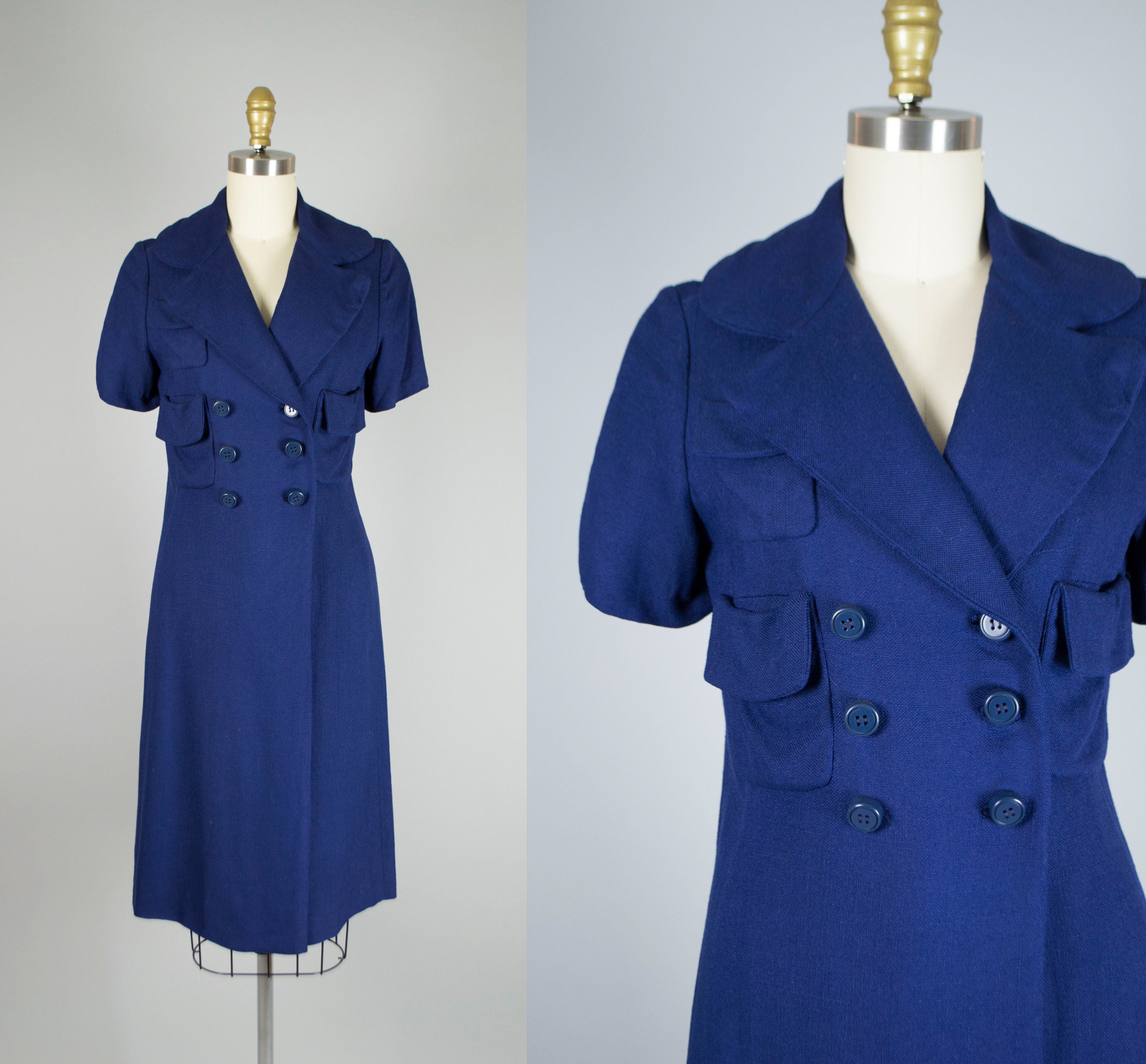 1960s Midi Blue Linen Faux-wrap Coat Dress With Short Sleeves | Etsy
