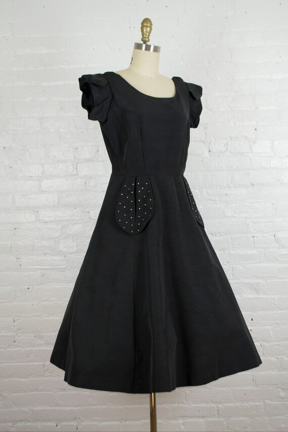 1950s dress . vintage 50s black faille party cock… - image 8