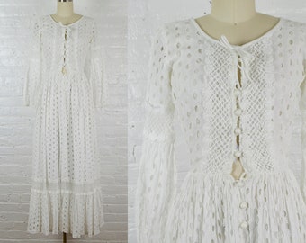 1960s cottagecore style white eyelet cut out lace summer festival maxi dress . xsmall