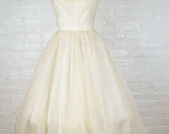 Emma Domb 1950s tea length silk chiffon ecru wedding dress . vintage 50s evening gown . xsmall