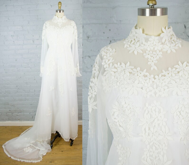 1970s Bohemian Lace Wedding Dress Long Tulle Train White Etsy