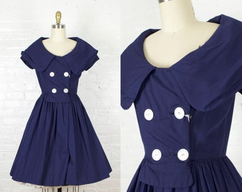 1950s shirtdress . 50s blue cotton shirt waist dress with fold over collar . small