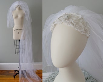 1980s long cathedral wedding veil with floral lace tiara