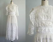 Edwardian wedding dress . bohemian white cotton tea length dress . vintage 1900s embroidered cut out lace  Edwardian tea dress . XS