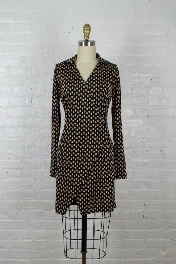 Vintage mini wrap long sleeve brown/black dress .… - image 1