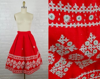 1950s skirt . vintage 50s rockabilly circle red mexican skirt . small