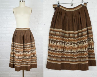 1950s ikat skirt . vintage 50s folk woven pleated midi skirt . small