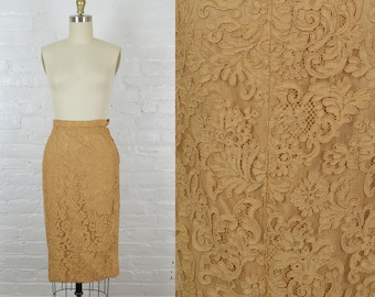 1970s brown lace pencil midi skirt . xsmall