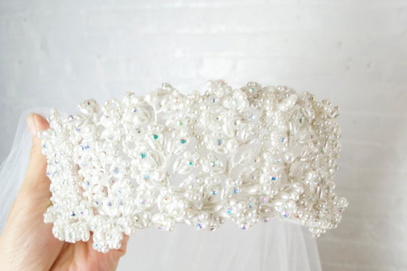 vintage tulle veil with pearl and crystal bridal … - image 4