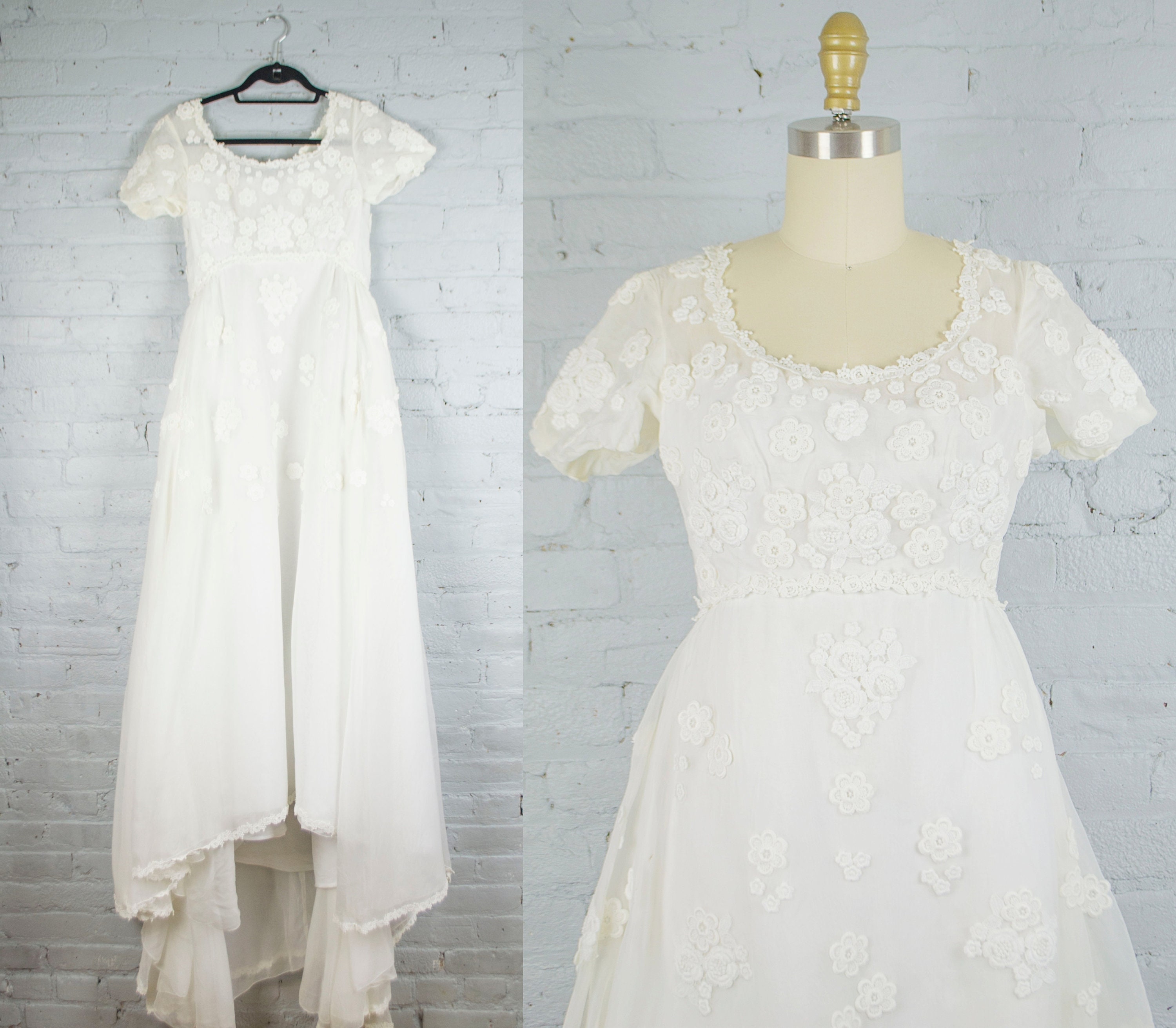1960s Vintage Chiffon And Lace Short Sleeve Wedding Dress With