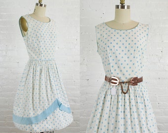 1960s blue and white polka dot dress . 60s cotton day dress . vintage summer dress 50s style . small