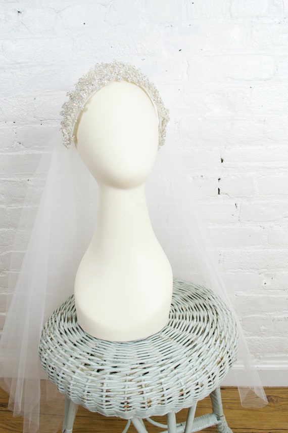 vintage tulle veil with pearl and crystal bridal … - image 2