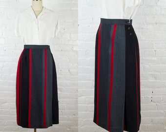 80s wrap skirt . 1980s midi black and red striped wool skirt . medium