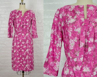 1950s dress . vintage 50s pink floral pencil dress . small smaller medium