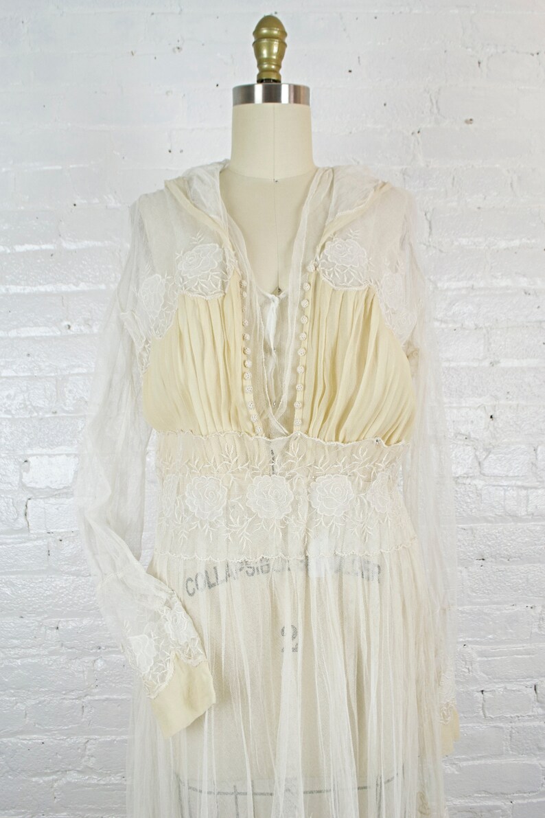 Abbey 1910 ecru silk embroidered wedding gown . vintage Edwardian dress . small image 7
