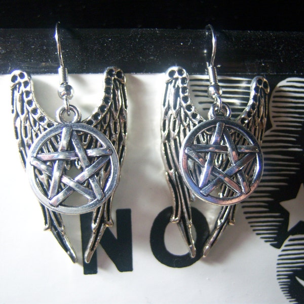 Supernatural Wing Pentagram Castiel Earrings, Fallen Angel Team Free Will TV Jewelry Goth Wiccan Pagan Role Play Occult Unisex Demon Mystic