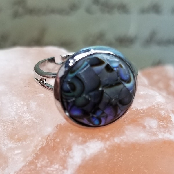 Cute Small Adjustable OOAK Boho Style Colorful Abalone Statement Ring, Hippie Unusual Unique Trendy Chic Light Catching Flashy Youthful Gift