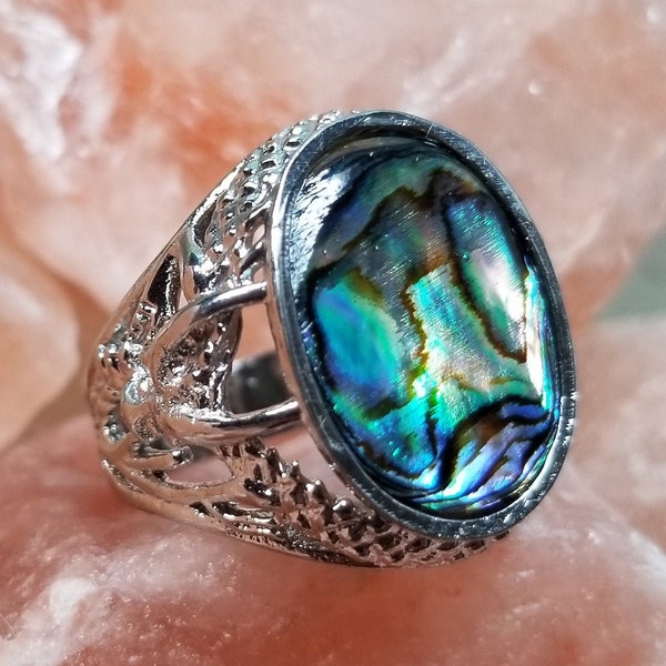 Cute OOAK Boho Style Colorful Abalone Shell Ornate Statement Ring, Hippie Unusual Unique Trendy Chic Light Catching Flashy Youthful Gift