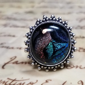 Sparkling Beautiful Dichroic Fused Glass Ring Size 8, BOHO OOAK Unusual Statement Piece Eye Catching Jewelry Bold Fun Man-Made Colored Glass