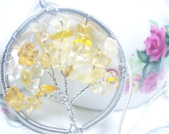 Yellow Citrine Crystal Tree Of Life BOHO Pendant Necklace,Knowledge and Wisdom November Birthstone Unusual Unique Celestial Metaphysical Fun