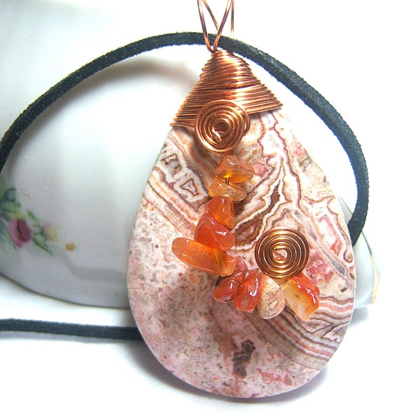 Crazy Lace Jasper Teardrop Red Carnelian Chip Accent Wire Wrapped Pendant Necklace, Chic Boho Trendy Jewelry, Handmade Unique Unusual, OOAK