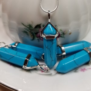 Blue Turquoise Howlite Gemstone Point Pendant Necklace, Crystal Point BOHO OOAK Unusual Unique Unisex ZEN Cosmic Spiritual Layering Necklace