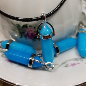 Blue Jade Gemstone Point Pendant Necklace, Crystal Point BOHO OOAK Unusual Unique Unisex ZEN Cosmic Spiritual Calm Energy Layering Necklace
