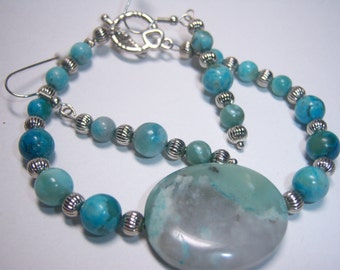 Dyed Blue Turquoise Jasper Bracelet Earring Set, Silver Beads Jewelry Southwest Cowgirl BOHO CHUNKY OOAK Unique Unusual Fun Bold Gift
