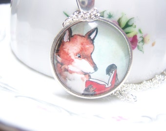 Fun Unisex Red Fox Reading Book Necklace, Foxy Reader Animal Lover Book Collector Club Jewelry BOHO OOAK Unique Unusual Teacher Gift School