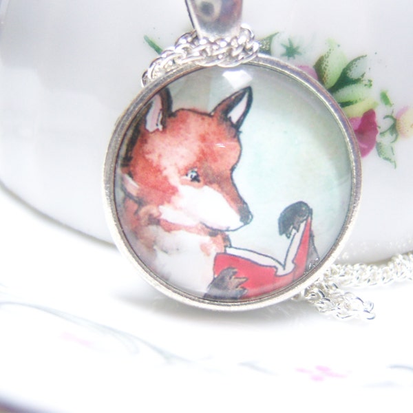 Fox Reading A Book Cabochon Necklace, Foxy Reader Red Fox Animal Lover Book Lover Collector Jewelry BOHO OOAK FUN Unique Unusual Unisex Teen