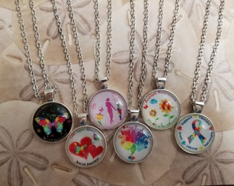 AUTISM AWARENESS Spectrum Pendant Support Cabochon Necklace, Neurodiversity Puzzle Piece Mothers Day Special Education Teacher Grandma Gift