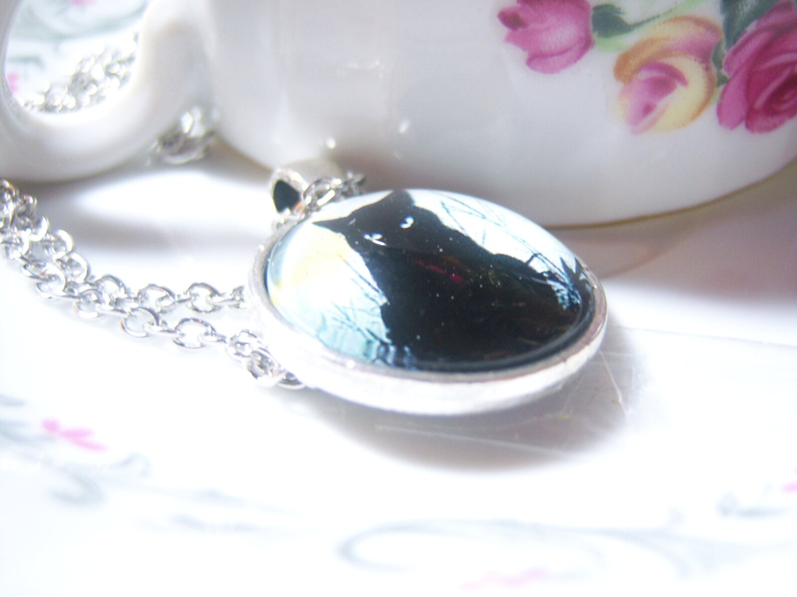 Black Cat Cabochon Pendant Necklace Black Cat Pendant Black Etsy