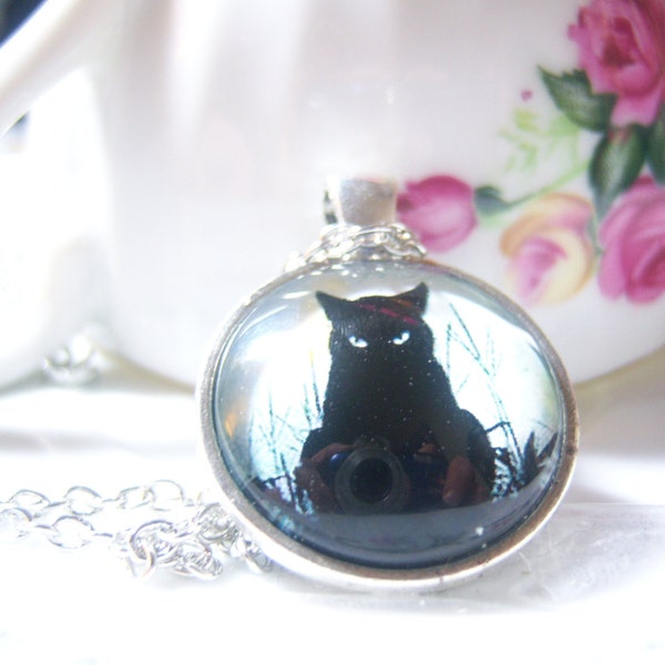 Black Cat Cabochon Pendant Necklace, Black Cat Pendant, Black Cat Necklace,Black Cat, Pagan, Wiccan, Bohemian, Gypsy Jewelry, Superstitious