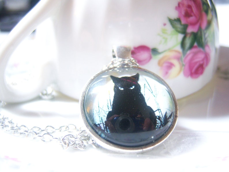 Black Cat Cabochon Pendant Necklace Black Cat Pendant Black Etsy
