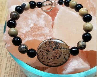Leopard Skin Jasper Southwestern Boho Style Bracelet, OOAK Handmade Artisan Eye Catching Unique Unusual Unisex Stone Cowgirl Statement Piece