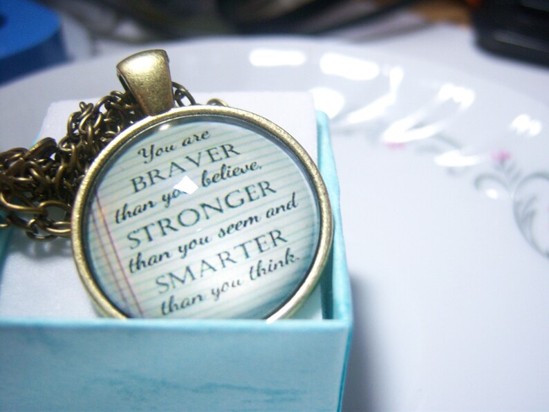 Braver Stronger Smarter Cabochon Glass Pendant Necklace, Words of Wisdom Quote Jewelry Self Esteem Believe BOHO Unique Unisex FUN UNUSUAL image 3